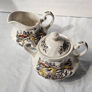 Yorkshire Staffordshire Ironstone Creamer Covered Sugar Multicolor Hand Engraved
